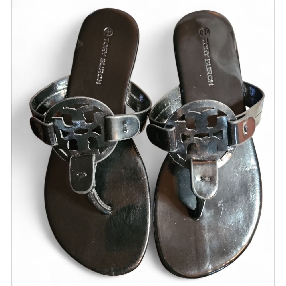 Tory Burch Miller Sandals Black Patent Leather 7.5 Designer Luxury Resort Y2K - Picture 2 of 8